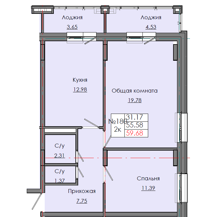 2 комн., 55.70 м²