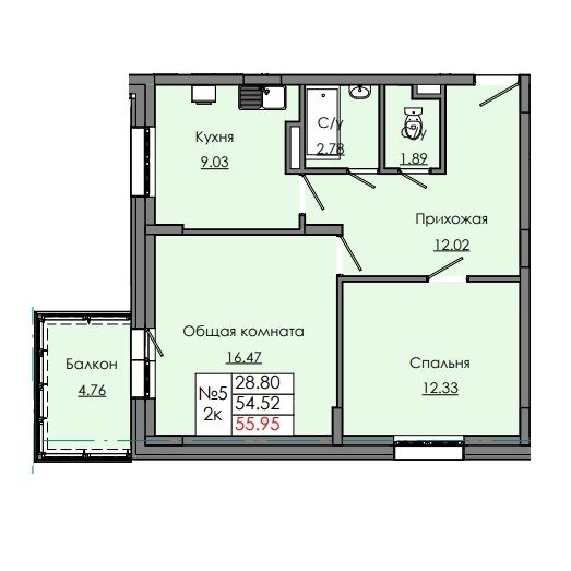 2 комн., 55.95 м²