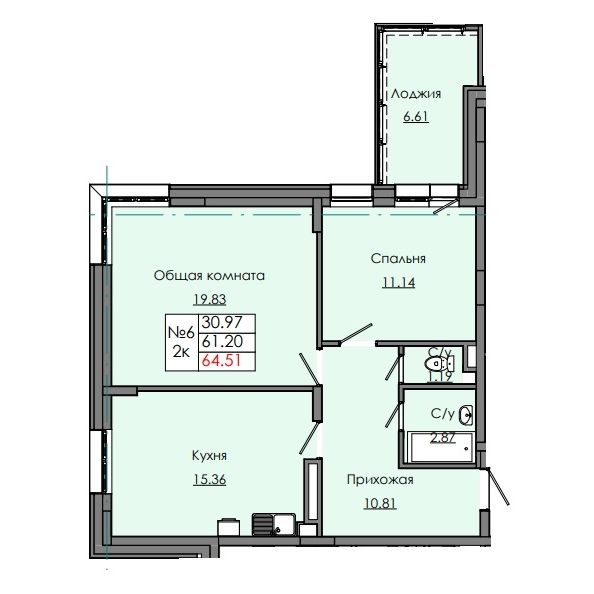 2 комн., 64.51 м²