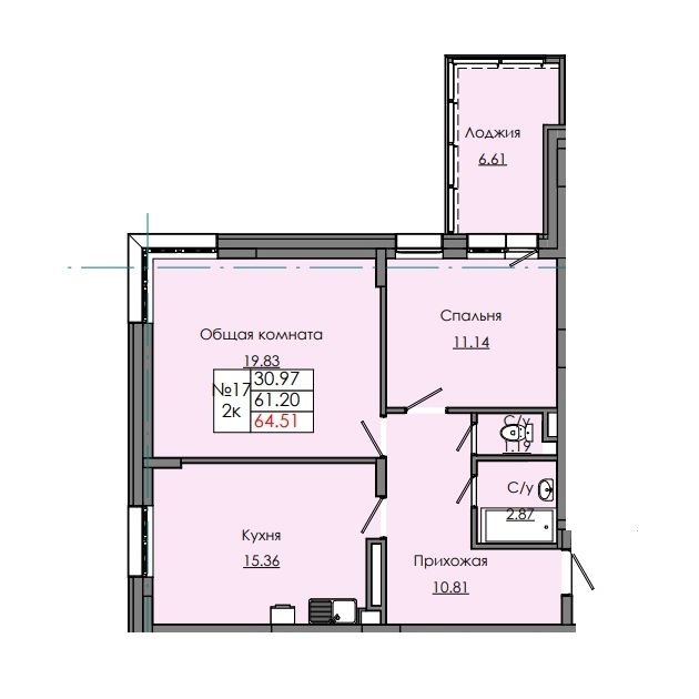 2 комн., 64.51 м²