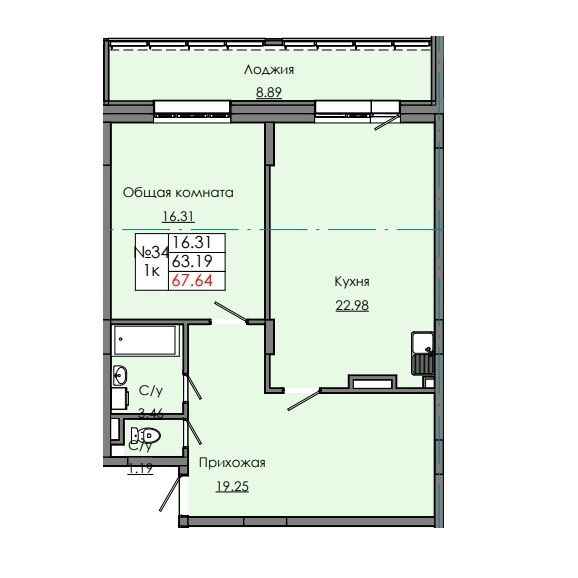 1 комн., 67.64 м²