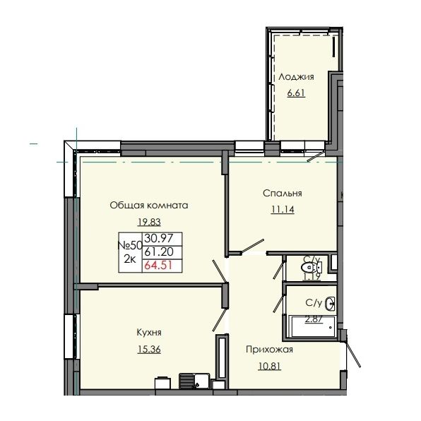 2 комн., 64.51 м²