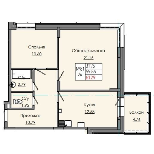 2 комн., 61.29 м²