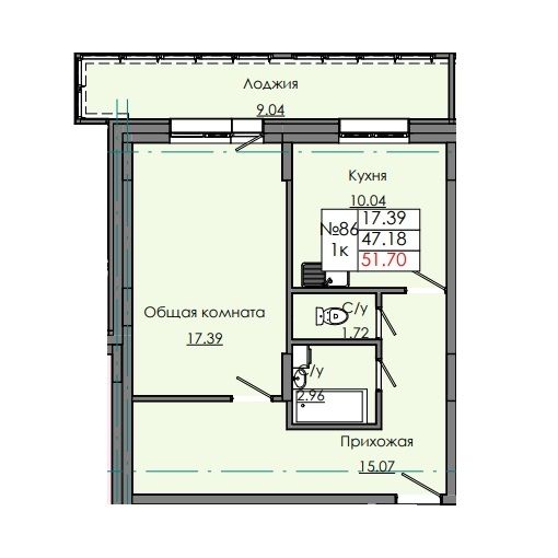 1 комн., 51.70 м²