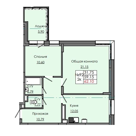 2 комн., 62.10 м²