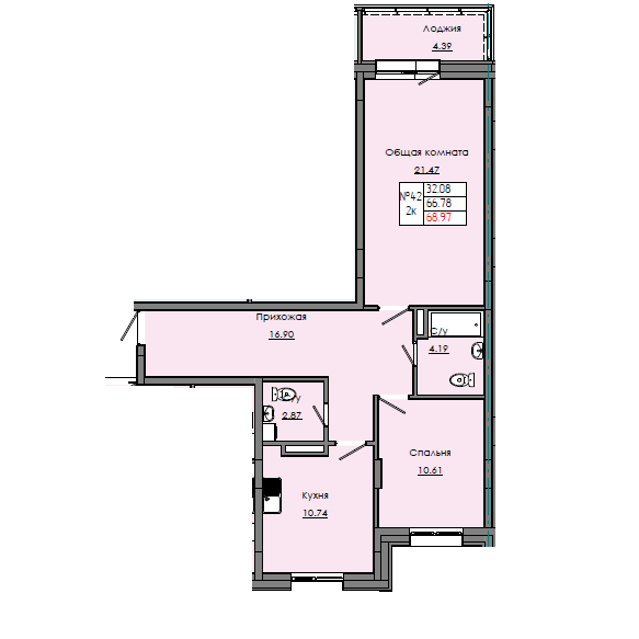 2 комн., 68.97 м²