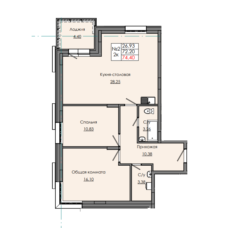 2 комн., 74.40 м²