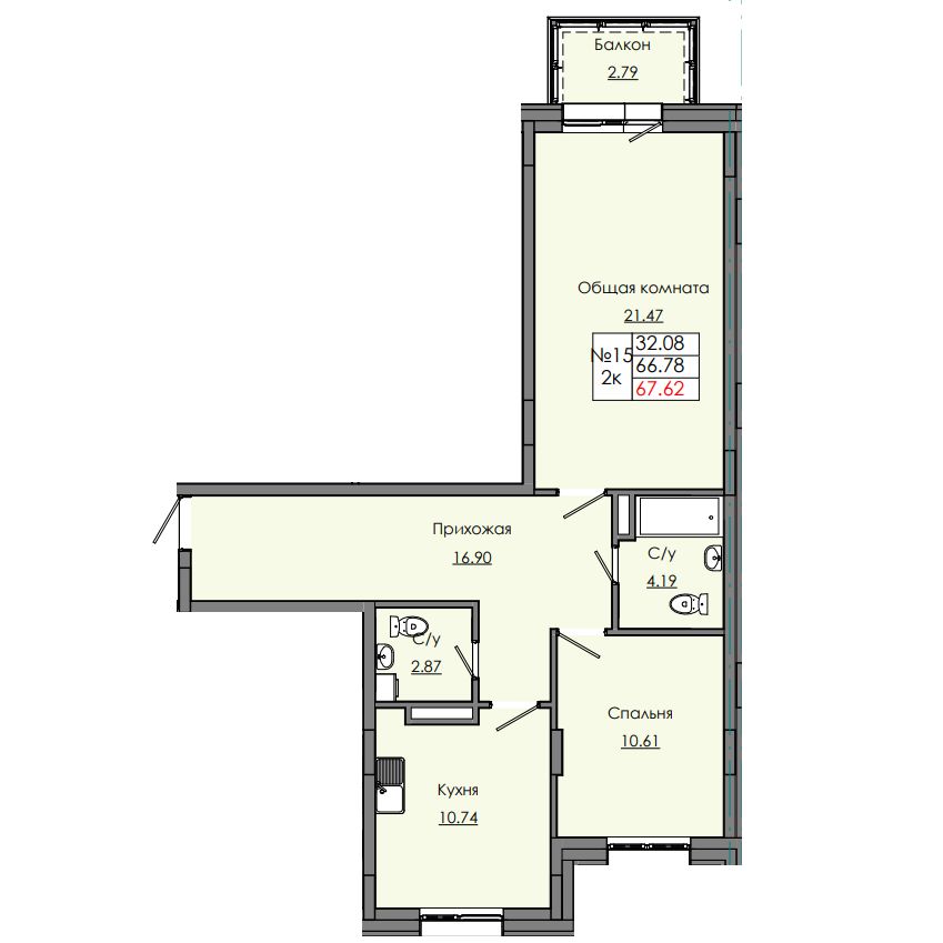 2 комн., 67.62 м²