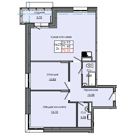 2 комн., 73.33 м²