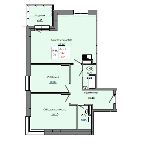 2 комн., 73.65 м²