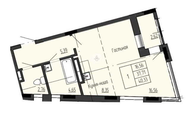 Студия, 40 м², Монолитно-каркасный, Залог