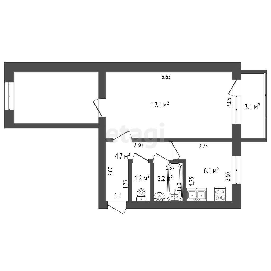 2 комн., 45 м², Инд. планировка 10
