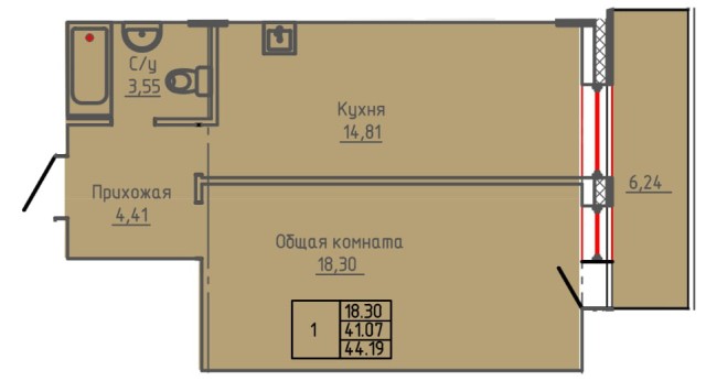 1 комн., 44 м², Монолитно-каркасный, Крестьянский рынок, стадион "Туймаада" 6