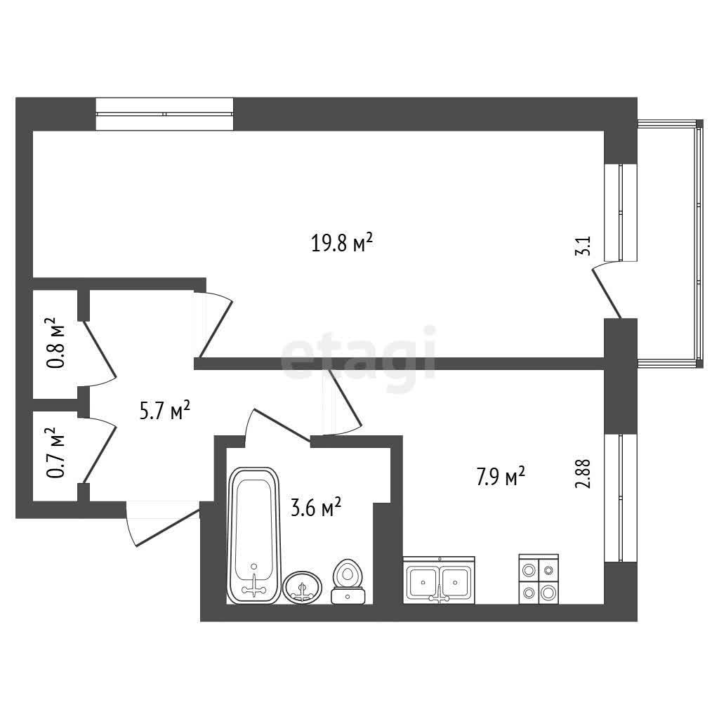 1 комн., 38 м², Инд. планировка 10