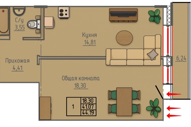 1 комн., 44 м², Монолитно-каркасный, Крестьянский рынок, стадион "Туймаада" 9