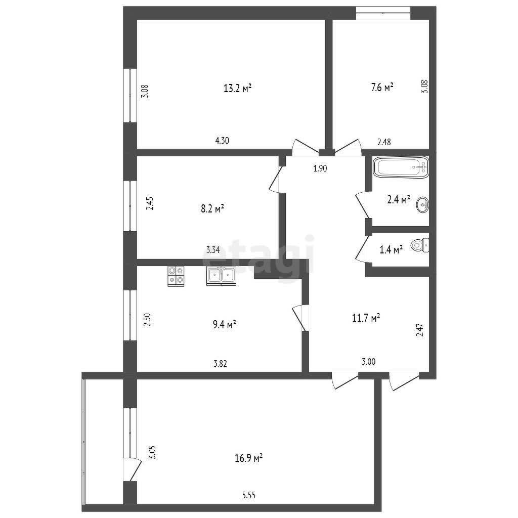 4 комн., 69 м², КПД 10