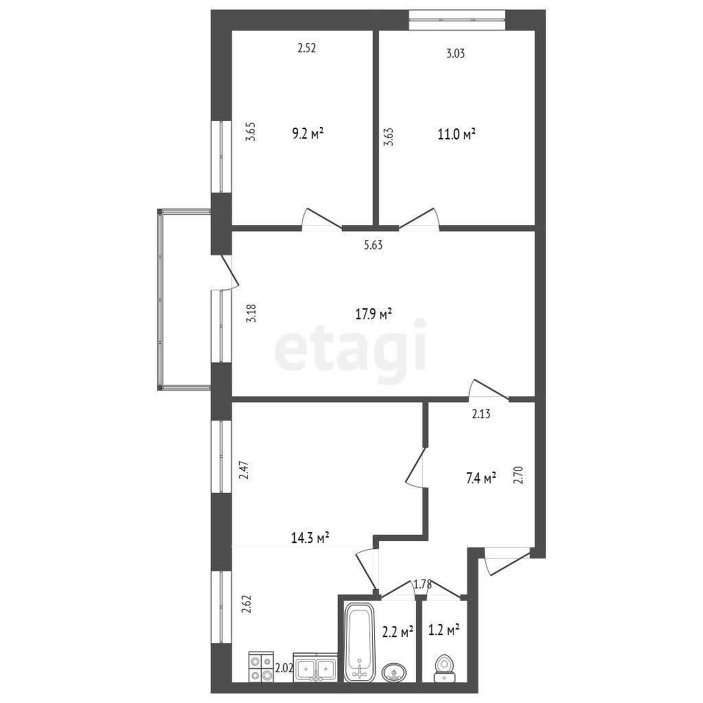 3 комн., 63 м², Хрущевка 10