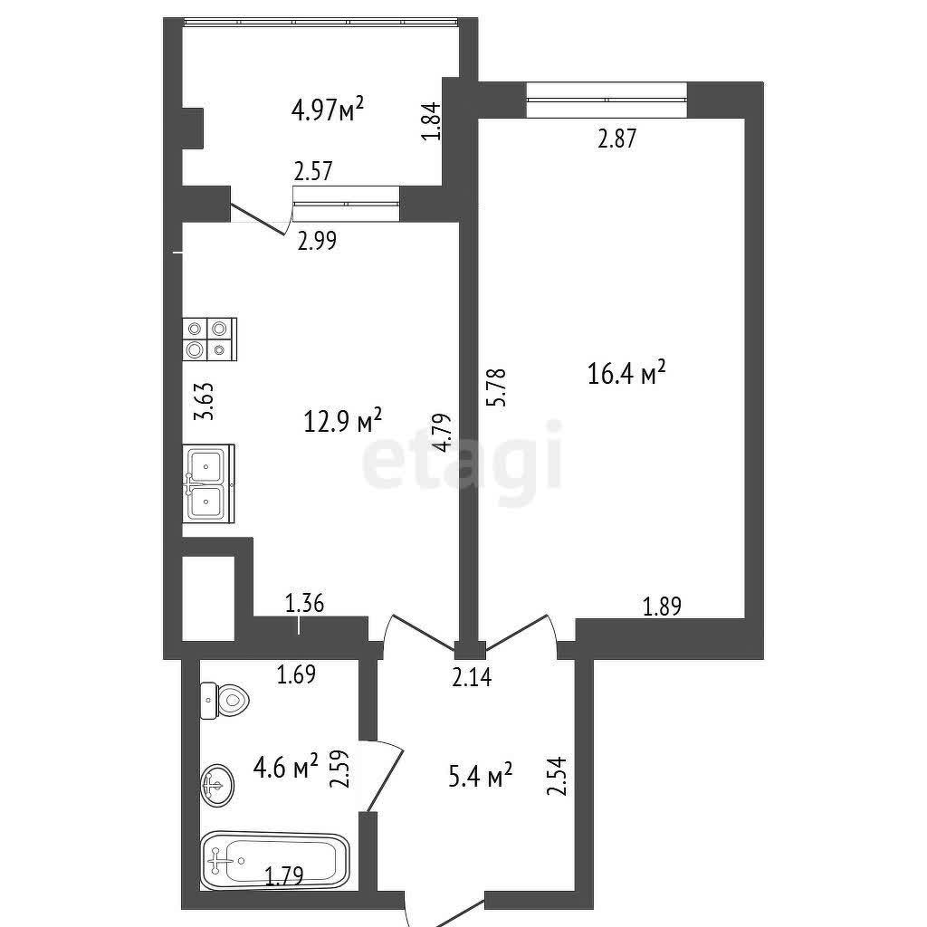 1 комн., 39 м², Монолитно-каркасный 10
