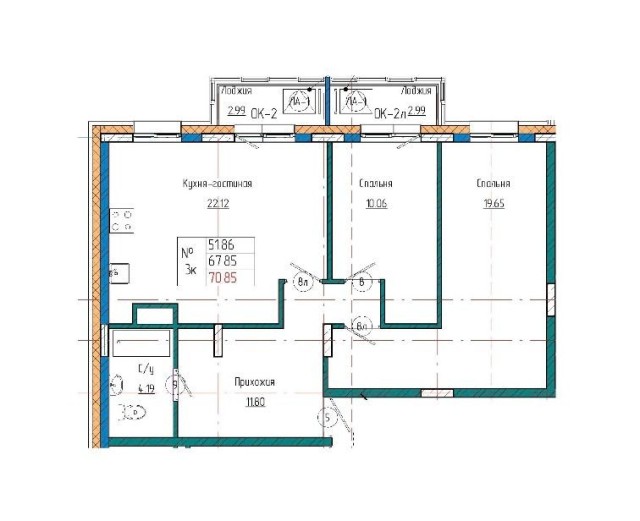 3 комн., 70 м², Инд. планировка, Авиапорт