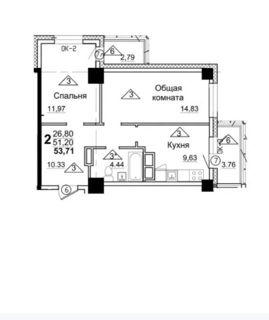 2 комн., 53 м², Монолитно-каркасный, Автодорожная 2