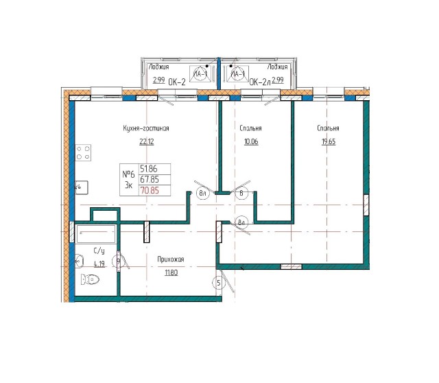 3 комн., 70 м², Монолитно-каркасный, Авиапорт