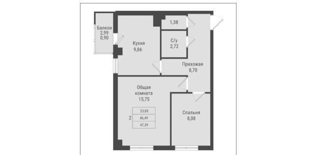 2 комн., 47 м², Монолитно-каркасный, Авторынок