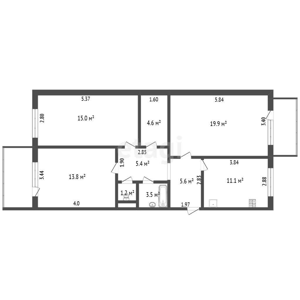 3 комн., 80 м², Инд. планировка 10