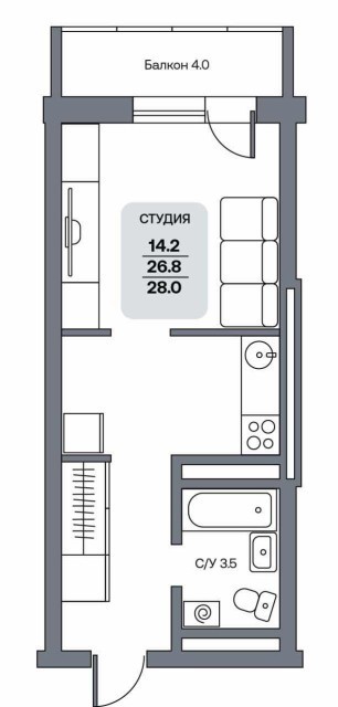 Студия, 28 м², Монолитно-каркасный, Крестьянский рынок, стадион "Туймаада" 7