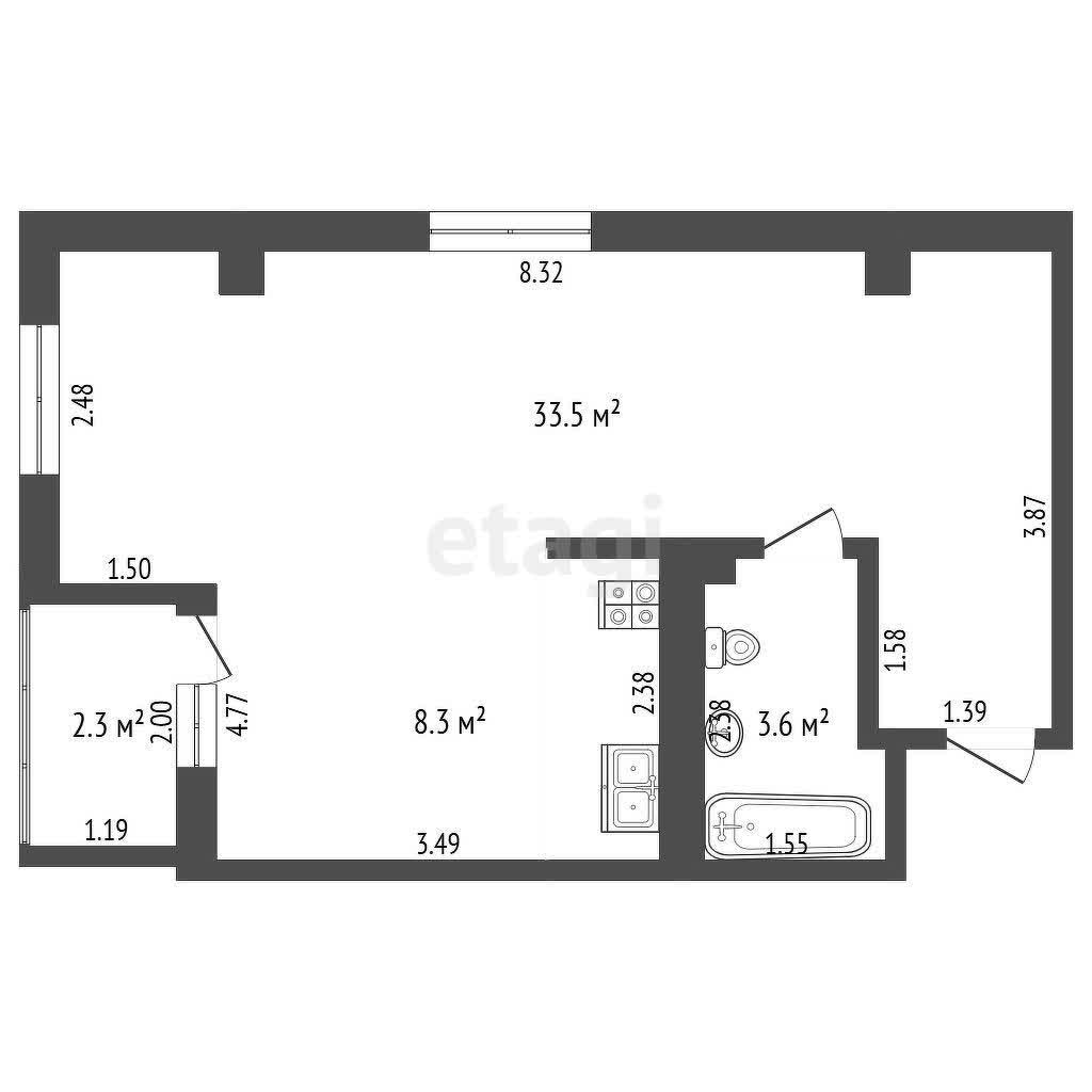 Студия, 33 м², Монолитно-каркасный 7