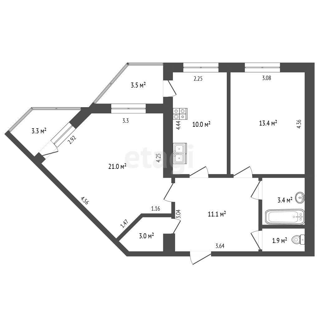 2 комн., 63 м², Инд. планировка 10