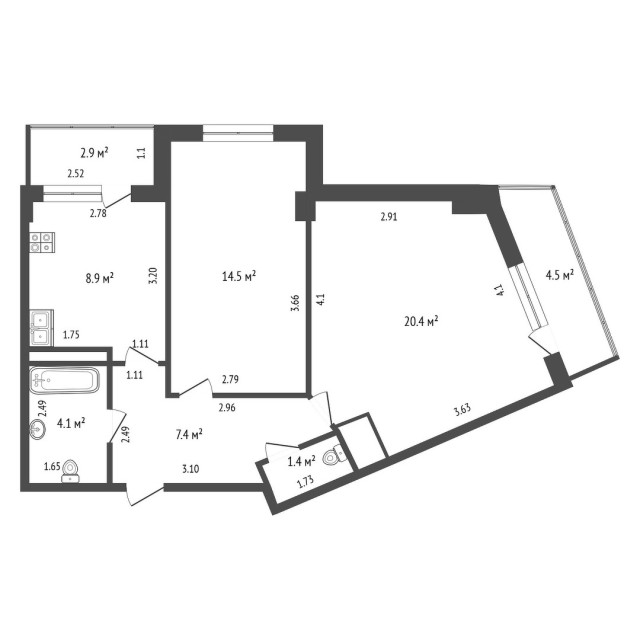 2 комн., 57 м², Монолитно-каркасный, 203 мкрн. 3