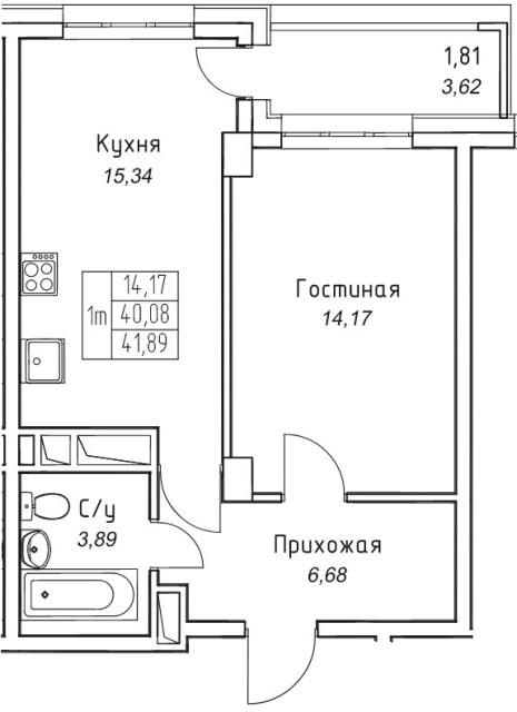 1 комн., 42 м², Монолитно-каркасный, Прометей, ЖК