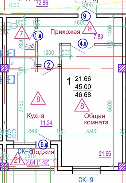 1 комн., 45 м², Инд. планировка, Гимеин 2