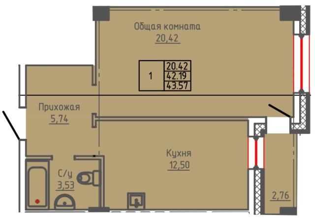 1 комн., 42 м², Монолитно-каркасный, Автовокзал 6