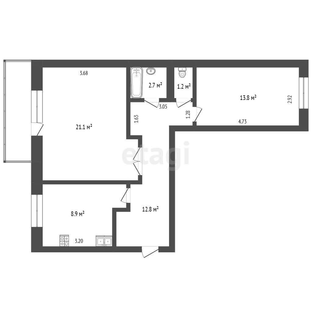 2 комн., 60 м², Инд. планировка 10
