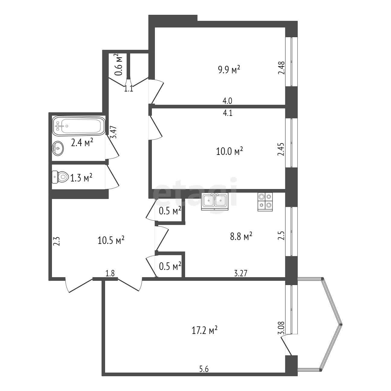 3 комн., 61 м², КПД 10