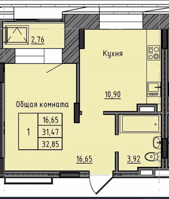 1 комн., 33 м², Монолитно-каркасный, Кинотеатр Лена