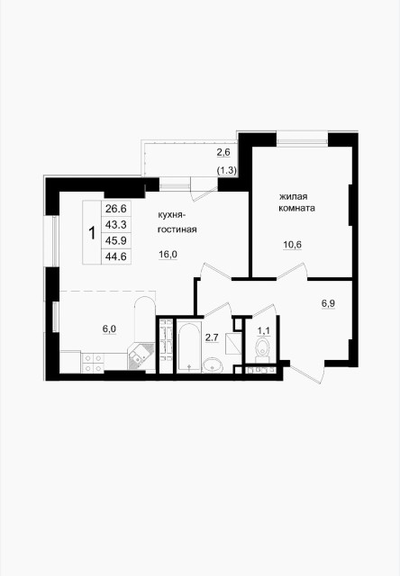 2 комн., 46 м², Монолитно-каркасный, Сайсары 2