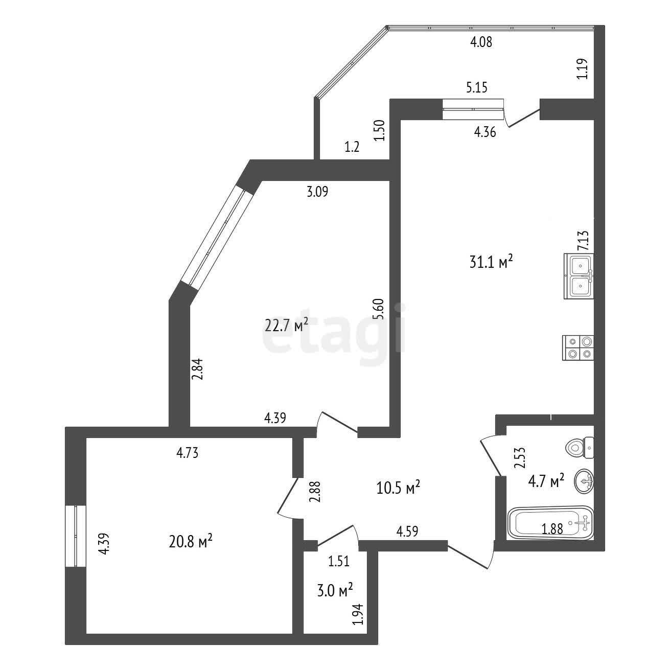 3 комн., 92 м², Инд. планировка 10