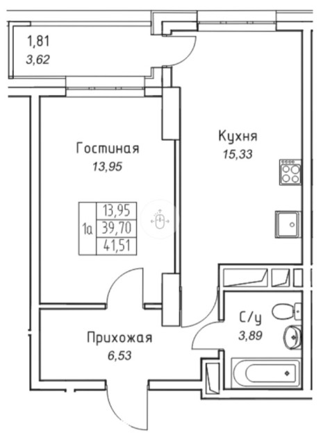 1 комн., 41 м², Монолитно-каркасный, Прометей, ЖК 2