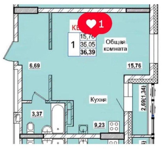 1 комн., 36 м², Монолитно-каркасный, Рынок Столичный 2