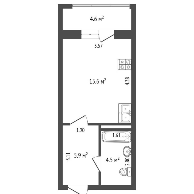 Студия, 26 м², Монолитно-каркасный, Звездный 3