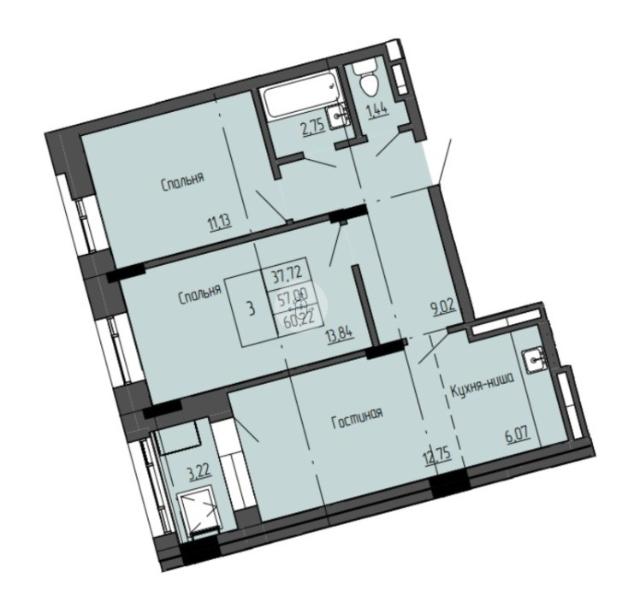 3 комн., 60 м², Монолитно-каркасный, Залог 2