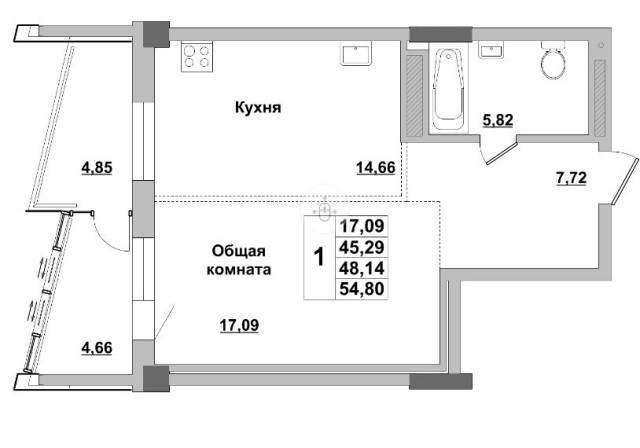 1 комн., 48 м², Монолитно-каркасный 5