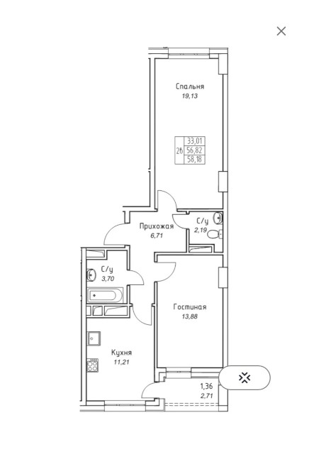 2 комн., 58 м², Монолитно-каркасный, 11 квартал 2