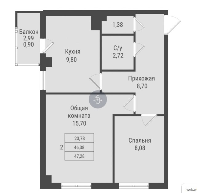 2 комн., Монолитно-каркасный, Рынок Столичный