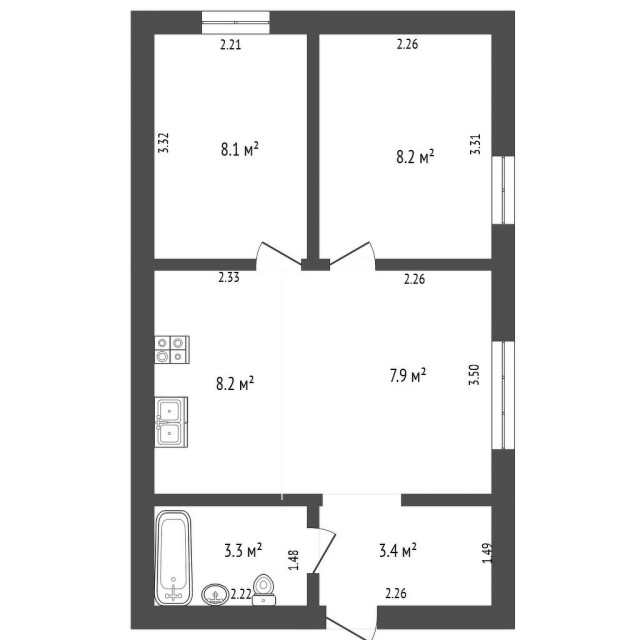3 комн., 39 м², Каркасно-щитовой 3