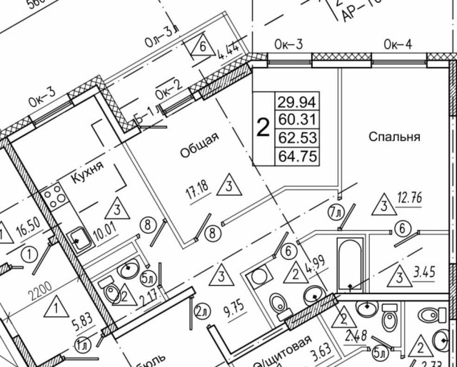 2 комн., 62 м², Инд. планировка, Сайсары 2