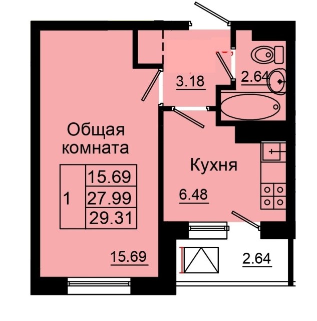 1 комн., 29 м², Монолитно-каркасный, Глазная больница 9