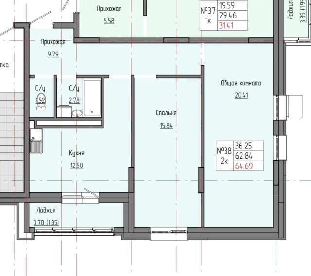 2 комн., 65 м², Монолитно-каркасный, ДСК